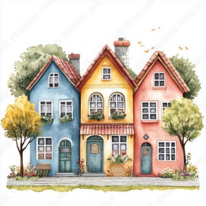 May include: Watercolor illustration of three colorful houses. The houses are painted in blue, yellow, and pink, with red tile roofs and green doors. Each house has multiple windows and is surrounded by trees and flowers.