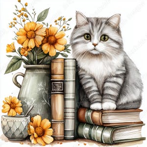 20 livres, clipart chat et fleurs, images imprimables florales de vieux livres, téléchargement numérique de chaton mignon, ensemble JPG d'artisanat en papier pour scrapbooking