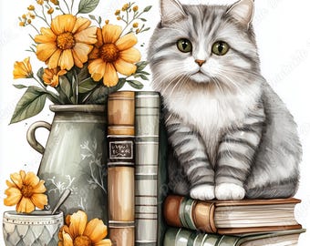 Conjunto de imagens JPG para artesanato em papel com gatinho e livros, incluindo gatinhos com flores, para scrapbook com tema animal (download digital).