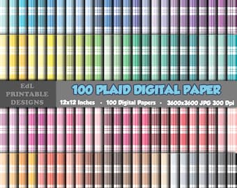 100 Plaid Digital Paper, Tartan Printable Background, Gingham Scrapbook Papers, 12x12 Lumberjack Paper, Seamless Scottish Pattern Set Of 100