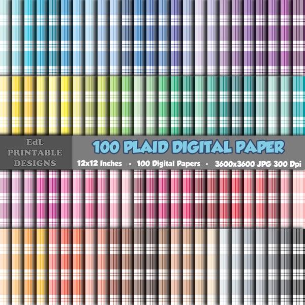 100 Plaid Digital Paper, Tartan Printable Background, Gingham Scrapbook Papers, 12x12 Lumberjack Paper, Seamless Scottish Pattern Set Of 100