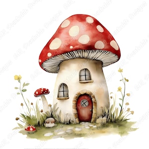 20 aquarel paddestoel huis illustraties, afdrukbare sprookje huis clipart, grillige paddestoel huis afbeeldingen, kabouter huis hoge kwaliteit JPG set
