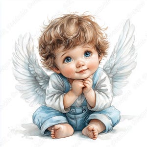 20 Angel Baby Boy Clip Art, Sweet Angel Kid Printable Images, Watercolor Angel Child Digital Download, Nursery Scrapbooking Paper Crafts JPG