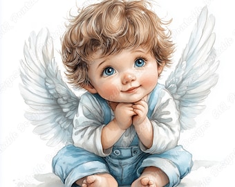 20 Angel Baby Boy Clip Art, Sweet Angel Kid Printable Images, Watercolor Angel Child Digital Download, Nursery Scrapbooking Paper Crafts JPG