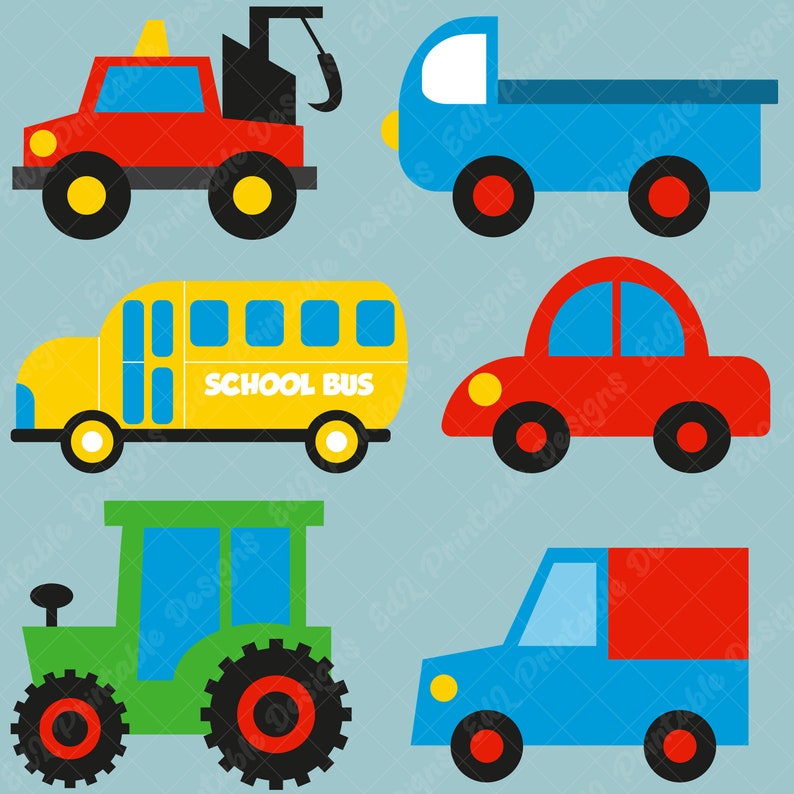 Cute Cars Clip Art, Vehicles Png, Printable Auto Party Decor, Construction Truck Elements Cliparts, Digital Cars Themed Png Graphic Pack
