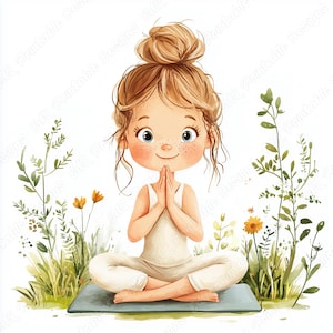 20 lindas imágenes prediseñadas de chicas de yoga, imágenes imprimibles de poses de yoga en acuarela, descarga digital divertida de ejercicios, manualidades de papel para álbumes de recortes para niños JPG