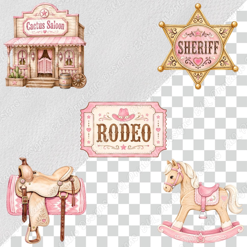 Pink Western Cowgirl PNG Clipart, Printable Baby Girl Rodeo Party Images, Watercolor Cute Wild West Digital Download, Scrapbook Paper Bundle