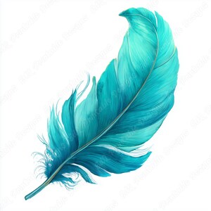 May include: A digitally rendered, vibrant turquoise feather against a clean white background. The feather's intricate details and shading create a realistic appearance, showcasing its delicate barbs and central quill. The artwork evokes a sense of lightness and elegance.