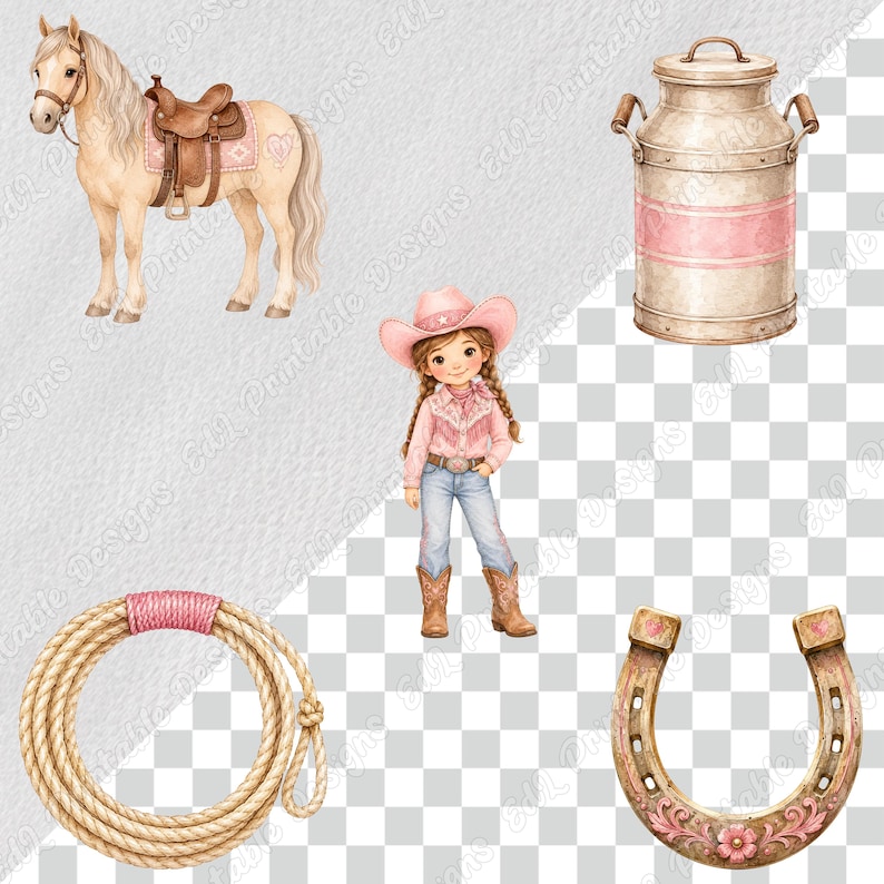 Pink Western Cowgirl PNG Clipart, Printable Baby Girl Rodeo Party Images, Watercolor Cute Wild West Digital Download, Scrapbook Paper Bundle