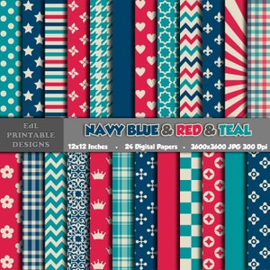 Peut inclure: Un ensemble de 24 papiers numériques dans les couleurs bleu marine, rouge et turquoise. Les papiers présentent divers motifs, notamment des étoiles, des rayures, des cœurs, des chevrons et des couronnes. Chaque papier mesure 30,48 cm sur 30,48 cm et 3600 pixels sur 3600 pixels.