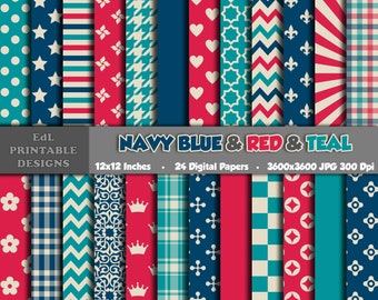 Navy, Red, Teal Digital Paper Pack, Polka Dot, Chevron Seamless Patterns (Digital Download)