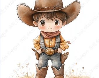 20 Cute Little Cowboy Clip Art, Watercolor Western Printable Image, Wild West Digital Download, Baby Shower Scrapbooking Paper Craft JPG Set