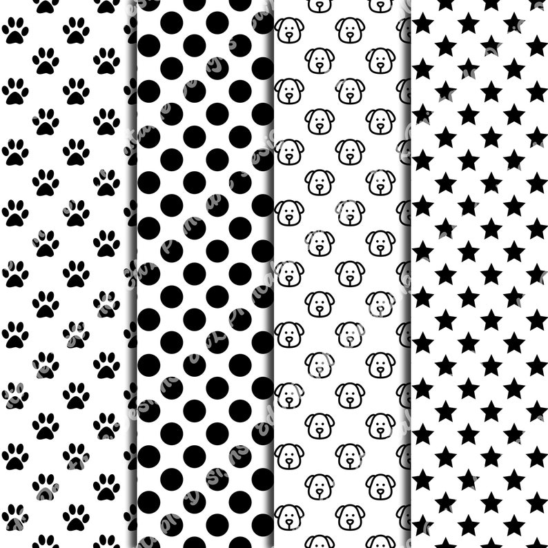White And Black Dog Patterns Digital Paper, Animal Print Background, Printable Puppy Theme, Pet Scrapbook Papers, Seamless Dog Paw And Bones