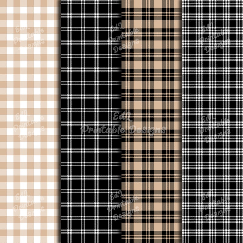 Beige and Black Buffalo Plaid Digital Paper, Printable Tartan Background Papers, Lumberjack Scrapbook Papers, Seamless Gingham Set Of 24
