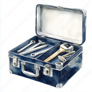 Puede incluir: Ilustración en acuarela de una caja de herramientas azul abierta, llena de varias llaves y herramientas plateadas. La caja de herramientas tiene un asa y cierres plateados. Las herramientas están cuidadosamente dispuestas dentro de la caja, sugiriendo organización y preparación.
