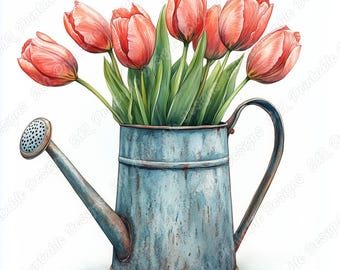 Watercolor Watering Can Clipart, Cottage Garden Flowers Decor (Digital Download)