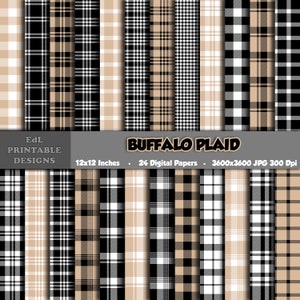 Beige and Black Buffalo Plaid Digital Paper, Printable Tartan Background Papers, Lumberjack Scrapbook Papers, Seamless Gingham Set Of 24