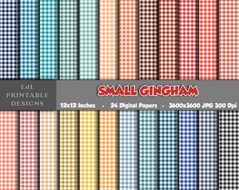 Small Gingham Digital Paper, Printable Vibrant Colors Plaid Background, 12x12 Tartan Paper, Seamless Check Kitchen Picnic Pattern set of 24