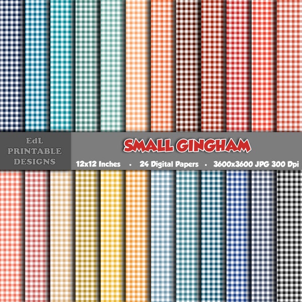 Small Gingham Digital Paper, Printable Vibrant Colors Plaid Background, 12x12 Tartan Paper, Seamless Check Kitchen Picnic Pattern set of 24