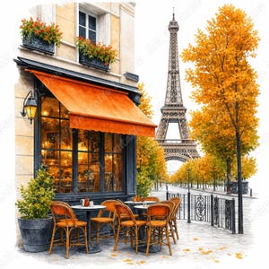 Paris Cafe Clipart, Watercolor French Bistro, Printable Eiffel Tower Images (Digital Download)