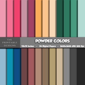 Powder Color Tones Digital Paper, Solid Color Printable Background, Plain Colored Scrapbook, 12x12 Rainbow Colour Papers, Colorful Set Of 24
