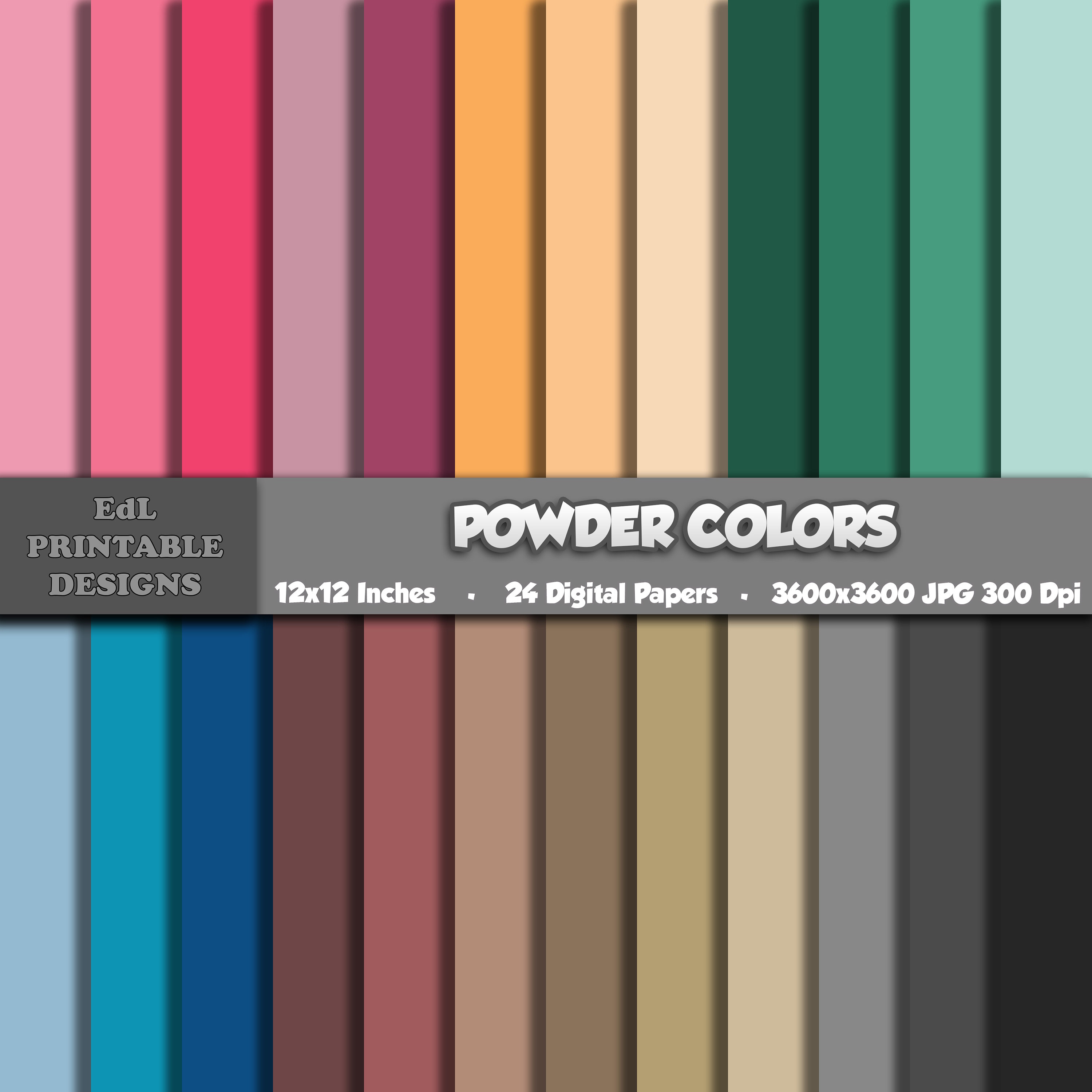 Powder Color Tones Digital Paper, Solid Color Printable Background, Plain Colored Scrapbook, 12x12 Rainbow Colour Papers, Colorful Set Of 24