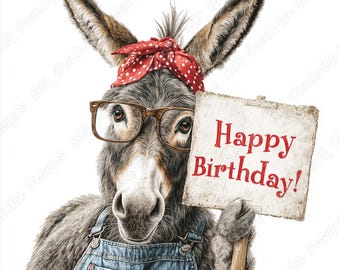 Funny Donkey Happy Birthday Clipart, Printable Image (Digital Download)