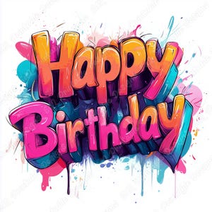 20 Happy Birthday Word-illustraties, graffiti-tekst afdrukbare afbeeldingen, aquarel belettering digitale download, scrapbooking papier ambachten JPG-bundel