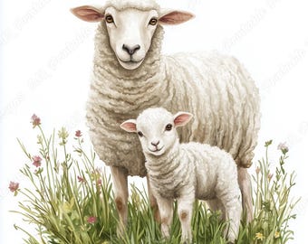Mother Sheep and Lamb Clipart, Watercolor Farm Animal Family Paper Crafts (Digital Download)