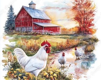 16 Chicken Farm Clip Art, Rooster Farm Printable Images, Farm Scene Landscape Digital Download, Rustic Red Barn Scrapbooking Paper Craft JPG