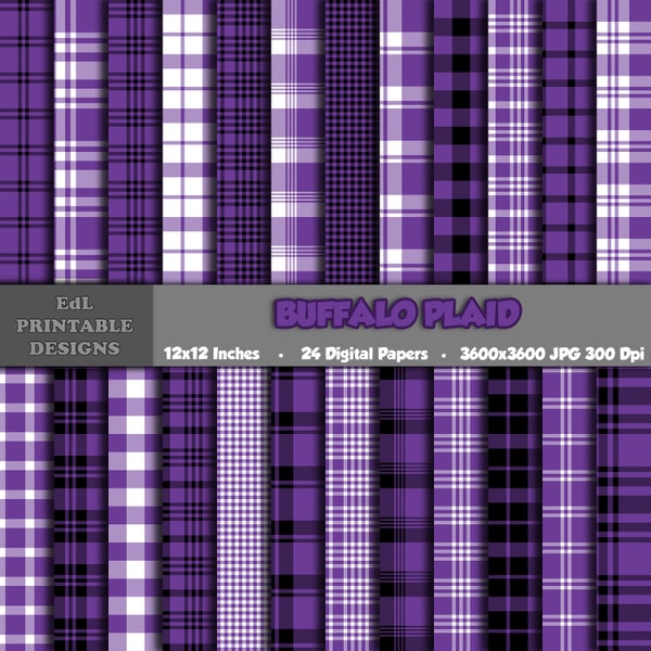 Purple Buffalo Plaid Digital Paper Pack, Printable Background Papers, Lumberjack Scrapbook Papers, 12x12 Tartan, Seamless Gingham Set Of 24