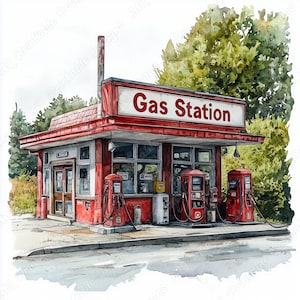 20 Gas Station ClipArt, American Gas Station Printable Image, Retro Fuel Station Digital Download, Petrol Station Scrapbooking Paper JPG Set