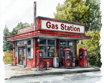 Retro Gas Station Clipart, Watercolor Style (JPG Digital Download)