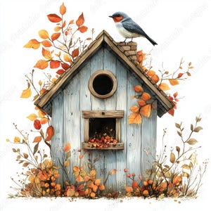 20 imágenes prediseñadas de casitas de pájaros otoñales, imagen imprimible de casitas de pájaros otoñales de madera, descarga digital de casitas de pájaros con flores para jardín, manualidades con papel para álbumes de recortes en formato JPG