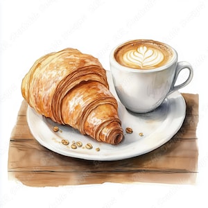 Könnte beinhalten: Ein Aquarellbild eines Croissants und einer Tasse Cappuccino auf einem Holztisch. Das Croissant liegt auf einem weißen Teller mit Kaffeekörnern, die um es herum verstreut sind. Der Cappuccino hat ein herzförmiges Design im Schaum.