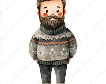 Watercolor Father Clipart, Man With Beard, Fathers Day Scrapbooking Paper (Digital Download)