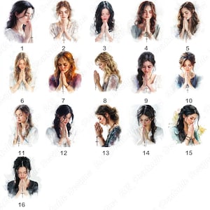 16 Praying Beautiful Woman Clip Art, Christian Lady Printable Images, Biblical Girl Digital Download, Religious Scrapbooking Paper Craft JPG
