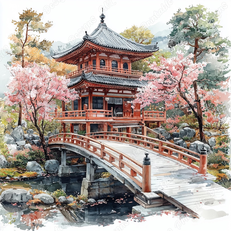 20 Japanese Temple Clip Art, Asian Architecture Printable Images, Digital Download, Watercolor Landscape Scrapbooking Paper Craft JPG Bundle