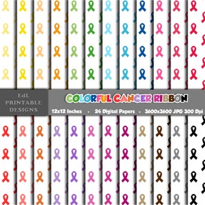 Bunte Krebs Band digitales Papier, Bewusstsein druckbare Hintergrund, Hoffnung Scrapbook Papiere, 12x12 Regenbogen Farben nahtlose Muster Set von 24