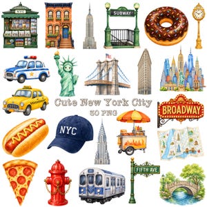 Imágenes prediseñadas PNG de la ciudad de Nueva York, imágenes imprimibles de elementos de Nueva York, monumentos de EE. UU. en acuarela (descarga digital)