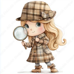 Op de afbeelding: Een cartoonillustratie van een jong meisje dat een bruine en beige geruite jas en hoed draagt. Ze houdt een vergrootglas in haar rechterhand en heeft blond haar.