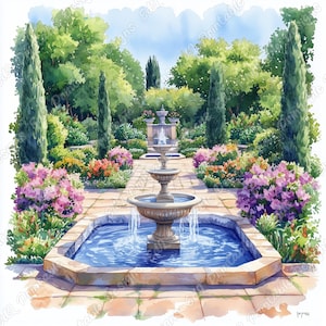 20 weelderige tuin met fontein illustraties, romantische landschap afdrukbare afbeeldingen, digitale download, serene scène scrapbooking papier ambachten JPG set