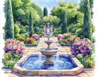 Watercolor Garden Fountain Clip Art, Romantic Landscape (Digital Download)
