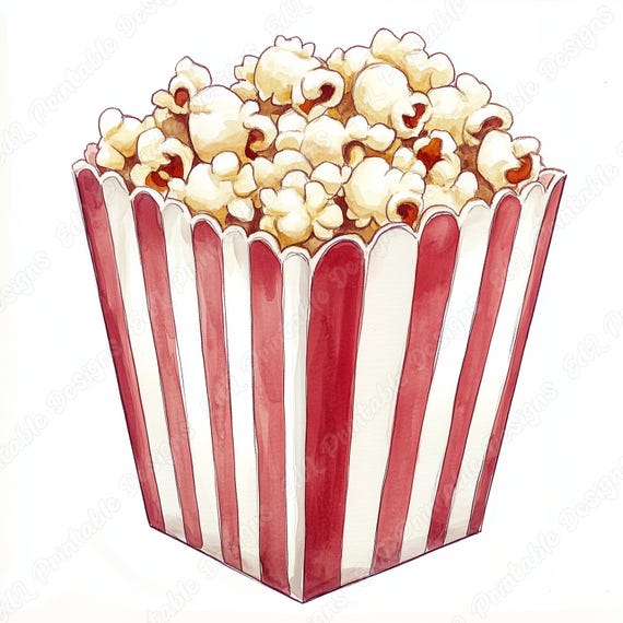 Watercolor Popcorn Box Clipart, Movie Night Illustration (Digital Download)