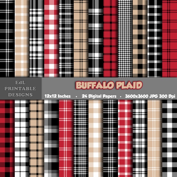 Red Beige Black, White Buffalo Plaid Digital Paper, Printable Tartan Background Papers, Lumberjack Scrapbook Papers, Seamless Gingham Set