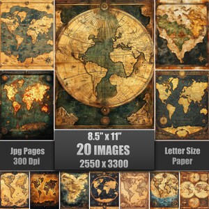 May include: A collection of antique-style world maps in various sizes and designs. The maps feature a vintage aesthetic with aged paper textures and detailed cartography. The image includes a large globe map and several rectangular map prints. The text on the image reads "8.5" x 11" 20 IMAGES 2550 x 3300".