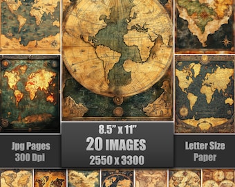 ヴィンテージ風世界地図：デジタルペーパーパック（PNG画像12枚