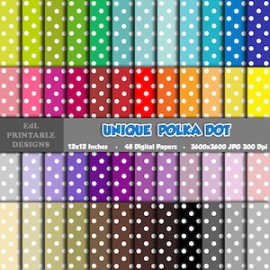 May include: A set of 48 digital papers featuring unique polka dot patterns in various colors. Each paper is 3600x3600 pixels and 300 dpi, perfect for crafting and design projects.