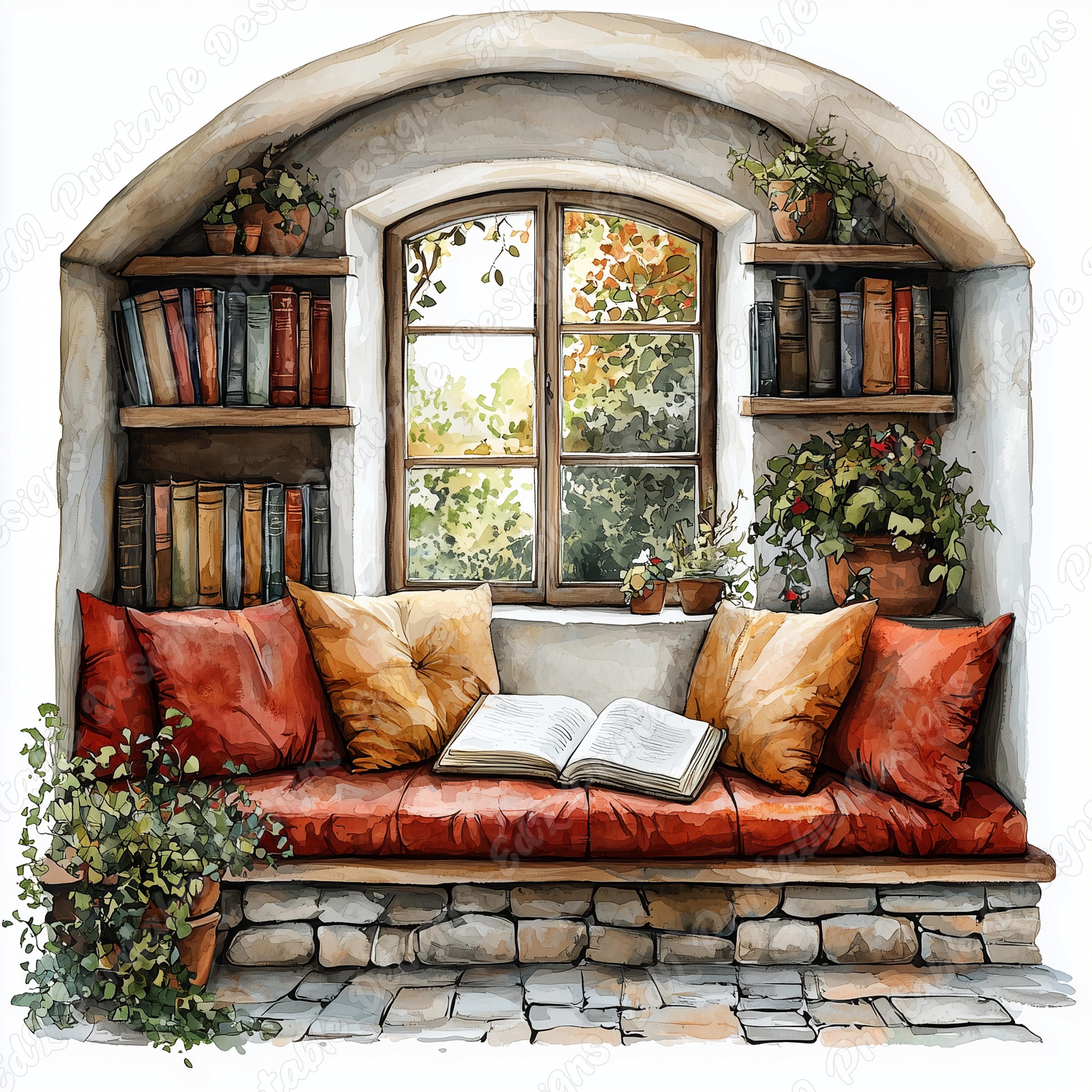 Watercolor Reading Nook Clip Art, Book Lover Scene (JPG Digital ...
