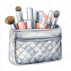 20 Quilted Cosmetic Bag Clip Art, Beauty Products Printable Images, Watercolor Makeup Bag Digital Download, Scrapbooking Paper Craft JPG Set
